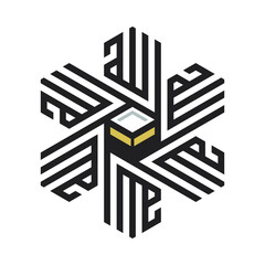 Arabic calligraphy of the name of Allah (God) in star shape with Kaaba icon in the center.
