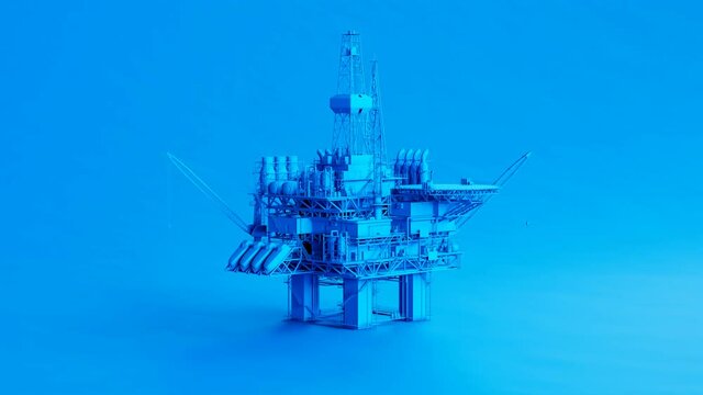 Blue monochromatic 3d animation of an isolated oil rig on moving sea background