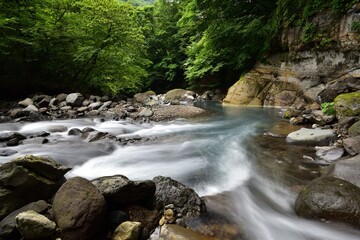 trekking around river and waterfall in summer