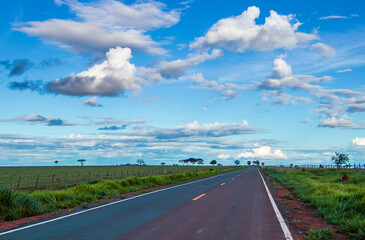 Rodovia entre pastagens verdes e céu azul com nuvens em Minas Gerais.