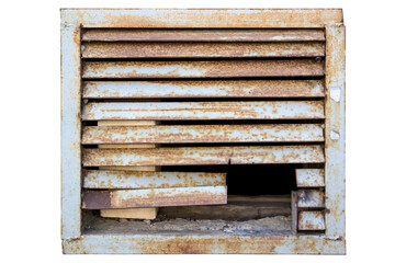 Damaged rusty metal ventilation grate isolated on white background