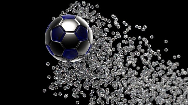 Silver-Clear Blue Soccer Ball with diamond particles under black background. 3D illustration. 3D CG. 3D high quality rendering.