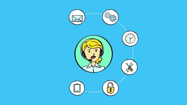4K animation of talking business woman avatar with sketch style office icons around her. Animation is in easy to edit talking loop.