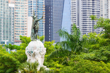 statue of Vasco Nunez de Balboa on the coastal strip of the city of panama panama central america