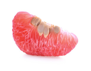 Fresh juicy piece of grapefruit pulp isolated on white background. Piece of peeled grapefruit close up. Slice of citrus fruit wallpaper