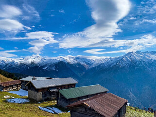 Plateau houses in the mountains. Ayder Plateau in Rize Turkey. Spring season in plateau. Plateau shelters on top of the mountains. Plateau in Spring. 