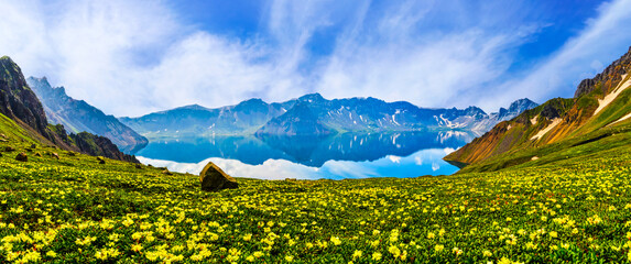 신비로운 백두산 천지의 여름 풍경.해발 2744m 고지에 핀 야생화와 신비로운 호수