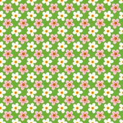 Pattern with pink and white flowers on a green background. Floral ornament. Vector illustration. For covers, prints, packaging, flyers, fabrics, fashion industry and shops, stationery.