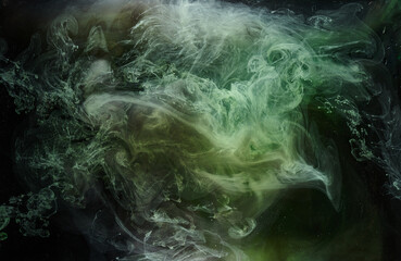 Green smoke on black ink background, colorful fog, abstract swirling emerald ocean sea, acrylic...