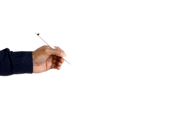 Holding pencil isolated on the white background.