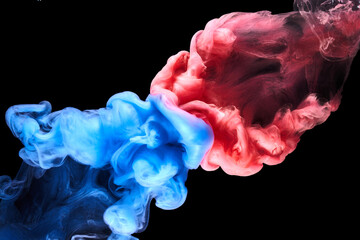 Blue pink smoke on black ink background, colorful fog, abstract swirling ocean sea, acrylic paint...