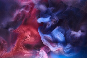 Blue pink smoke on black ink background, colorful fog, abstract swirling ocean sea, acrylic paint...