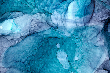 Abstract green blue gray ink watercolor background, paint stains and spots in water, luxury fluid liquid art wallpaper, marble texture