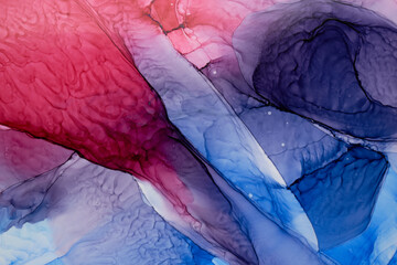 Abstract pink blue watercolor background. Paint stains and wavy spots in water, luxury fluid liquid...