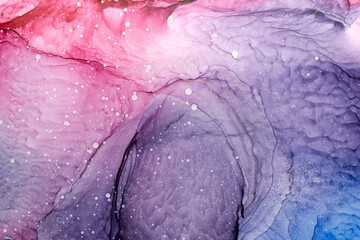 Abstract pink blue watercolor background. Paint stains and wavy spots in water, luxury fluid liquid art wallpaper