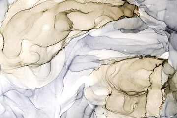 Abstract gray ocher watercolor background. Paint stains and wavy spots in water, luxury fluid...