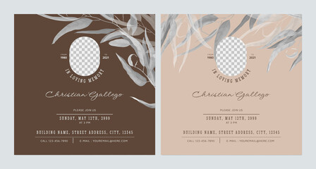 Floral memorial and funeral invitation card template design, brown decorated with grey eucalyptus leaves - obrazy, fototapety, plakaty