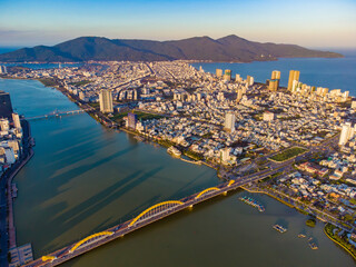 Aerial view of Da Nang city which is a very famous destination for tourists.