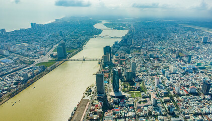 Aerial view of Da Nang city which is a very famous destination for tourists.