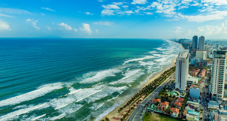 Aerial view of Da Nang city which is a very famous destination for tourists.