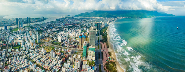 Aerial view of Da Nang city which is a very famous destination for tourists. - obrazy, fototapety, plakaty
