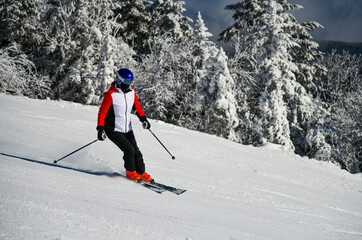 Skiing during winter vacation in the mountains. Active lifestyle, sport and nature concept.