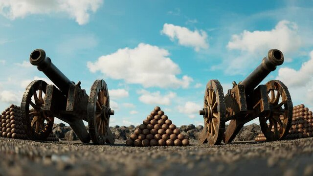 Endless looping animation of armed vintage cannons ready to shoot during war. 4K