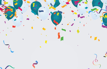 Birthday invitation  horizontal  Greeting, invitation card or flyer and balloons green white celebration background with confetti. Vector