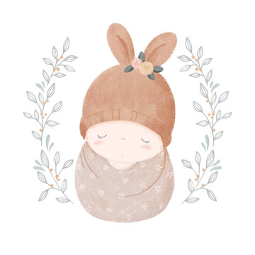 Illustration of swaddled newborn baby girl and botanical frame. Digitally painted baby girl with bunny ears cap.