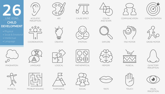 Minimal line icon set of cognitive abilities and preschool development of children. Child outline style and editable stroke, Vector icons set illustration.