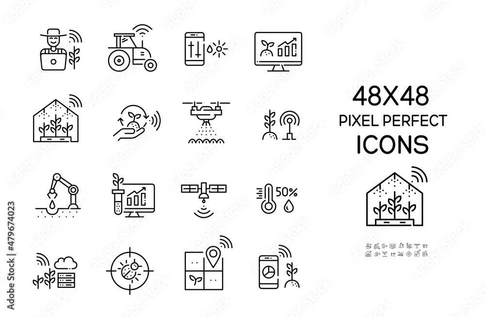 Aufkleber smart farming icons set. farmer using internet of things, drones and robots for precise farming. pix