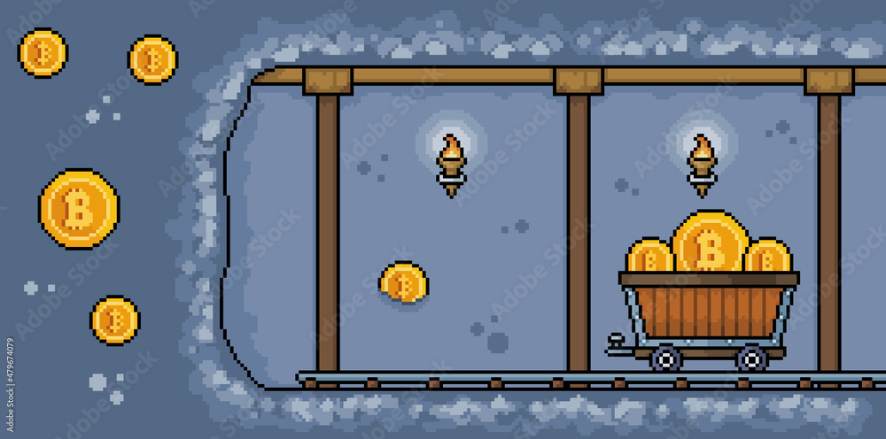 Poster pixel art bitcoin mine with mining cart. bitcoin mining cave background 8bit