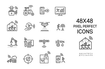 Smart farming icons set. Farmer using internet of things, drones and robots for precise farming. Pixel perfect, editable stroke icons