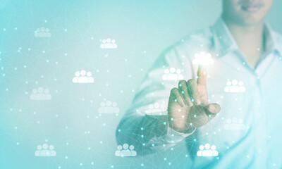 business man wearing a white shirt he is pointing his finger at the virtual screen to communicate online.