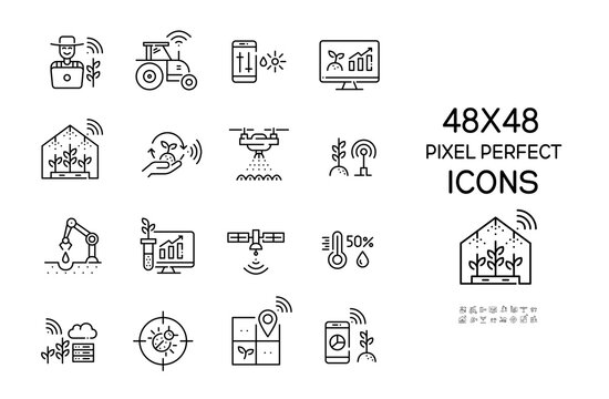 Smart farming icons set. Farmer using internet of things, drones and robots for precise farming. Pixel perfect, editable stroke icons
