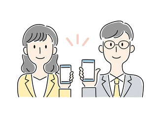手描き風・スマートフォンの画面を見せる男女のベクターイラスト