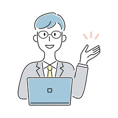 手描き風・パソコンを前に笑顔で案内する男性のベクターイラスト