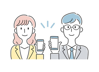 手描き風・スマートフォンの画面を見せる男女のベクターイラスト