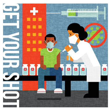 Health Care Worker Gives Child Covid Vaccine. Design Elements For Healthcare Banners, Posters, PSAs, Social Media Designs. Get Your Shot.