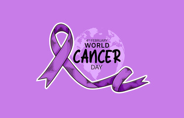World Cancer Day Illustration Vector Design with purple ribbon and world map for Campaign