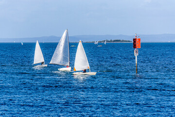 Three sailboats floating by on a peaceful Australian summer afternoon on the bright blue sea 