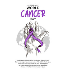 World Cancer Day Vector Design with hand holding ribbon for campaign and poster