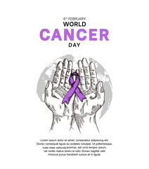 World Cancer Day Vector Design with hand holding ribbon for campaign and poster