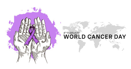 World Cancer Day Vector Design with hand holding ribbon for campaign and poster