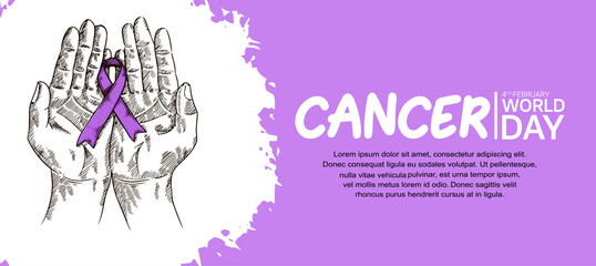 World Cancer Day Vector Design with hand holding ribbon for campaign and poster