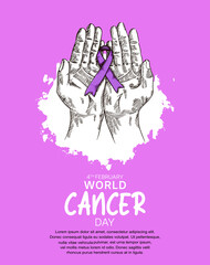 World Cancer Day Vector Design with hand holding ribbon for campaign and poster
