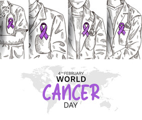 World Cancer Day Vector Design with four doctor illustration for campaign and poster