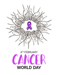 Obraz premium World Cancer Day Vector Design with hand holding and ribbon illustration for campaign and poster
