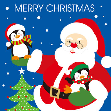 christmas card with santa claus and penguins