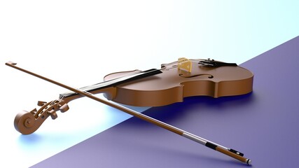 Brown-Gold classic violin on navy blue-sky blue plane under spot lighting background. 3D sketch design and illustration. 3D high quality rendering.